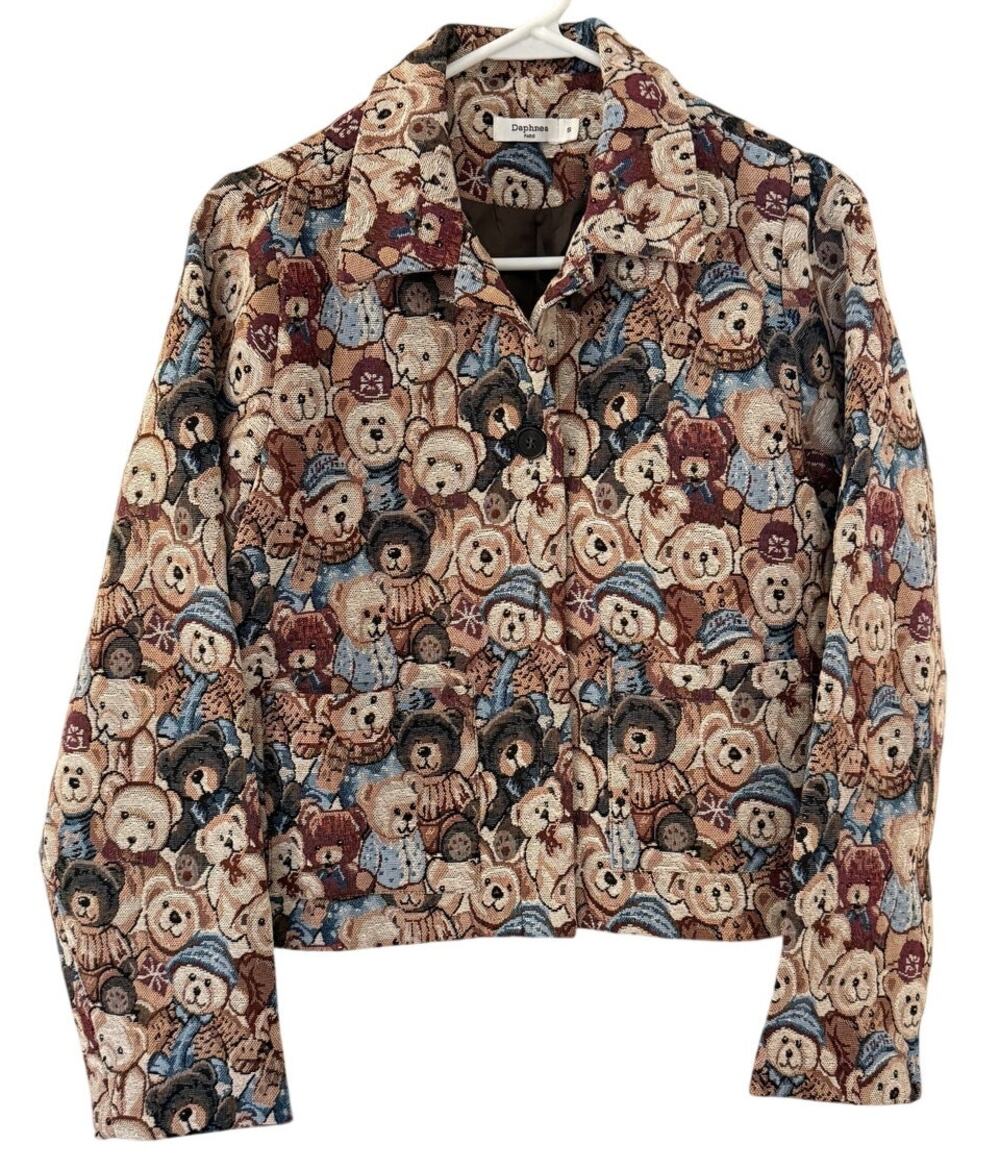 Daphnea Paris Teddy Bear Tapestry Cropped Jacket Blazer Novelty S